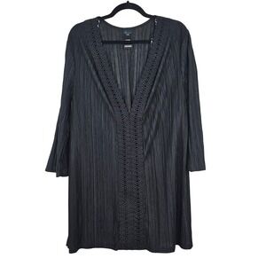 Catalina Black Pleated Crochet Trim Long Sleeve Swim Cover Up Dress Plus Size 1X